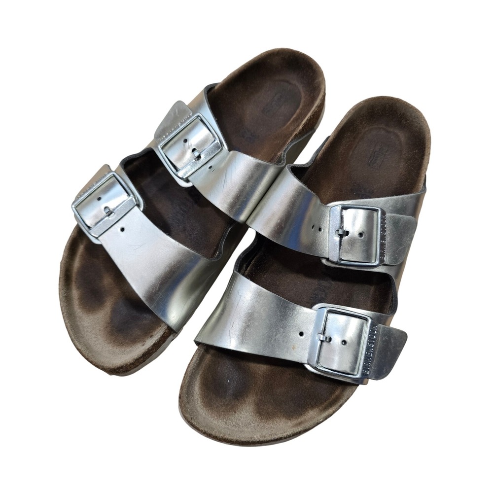 Birkenstock Arizona Sandals Women 38 Silver Metallic Two Strap Buckle Slides